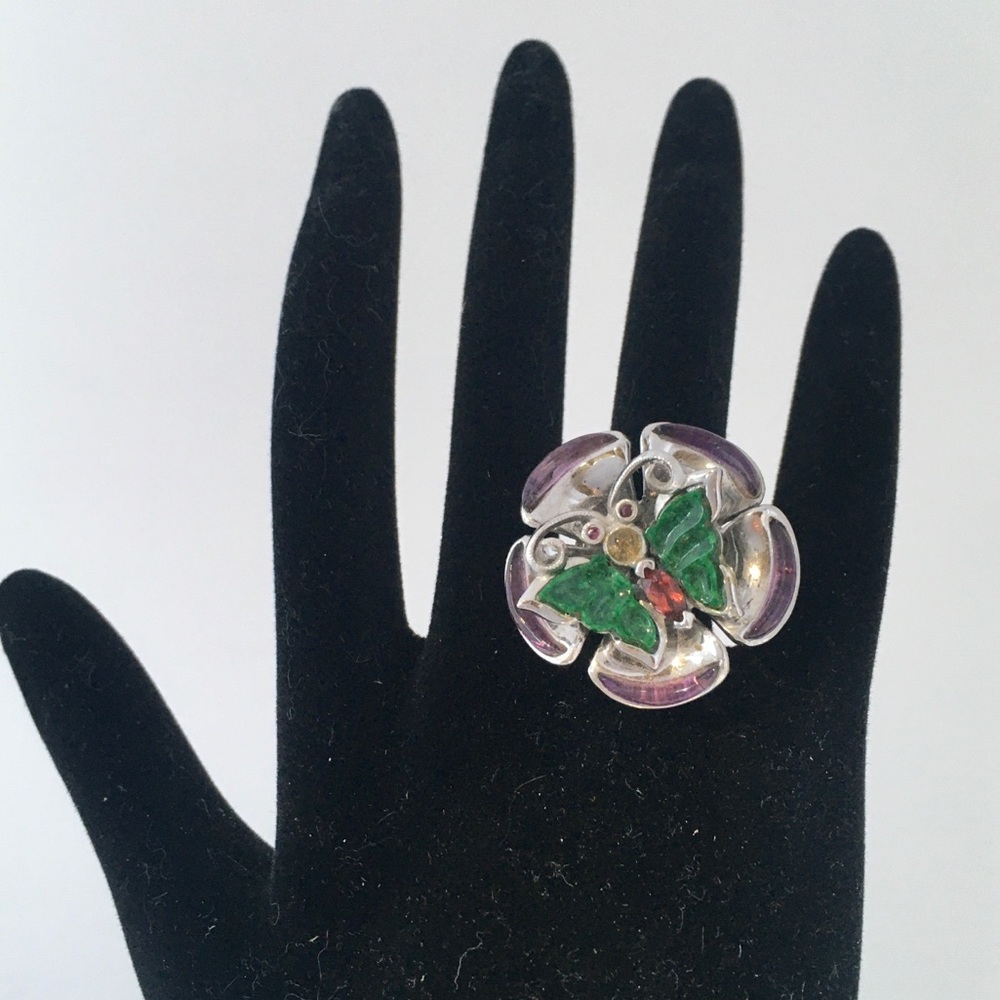 SOLD! Unusual jade butterfly ring w/gemstones - Picture 1 of 8
